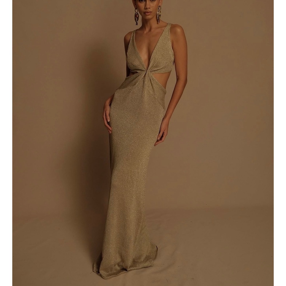 MESHKI Lemea Glittered Metallic Knit Maxi Dress Gold - Size L / NWT - Picture 1 of 6